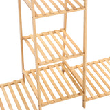 Close view of natural bamboo slatted shelves on a 5-tier clothes rack