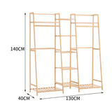 Natural bamboo 5-tier clothes rack dimensions shown, slatted shelves and open frame