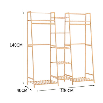 Natural bamboo 5-tier clothes rack dimensions shown, slatted shelves and open frame