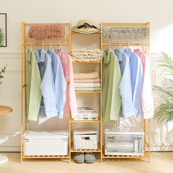 5-tier natural bamboo clothes rack with bottom shelf, hanging rails and storage hooks