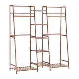 Brown bamboo 5-tier clothes rack stand, open frame with multiple slatted shelves