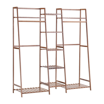 Brown bamboo 5-tier clothes rack stand, open frame with multiple slatted shelves