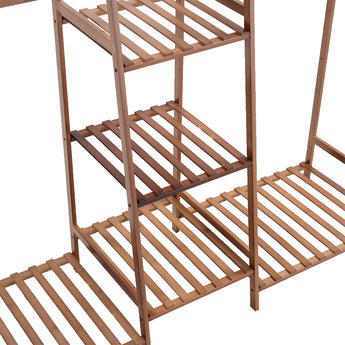 Close view of brown bamboo slatted shelves on a 5-tier clothes rack