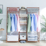 5-tier brown bamboo clothing organizer rack with hanging bar and bottom storage shelf