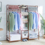 5-tier brown bamboo clothes rack with hanging rails and lower shoe storage shelf