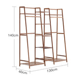 5-tier bamboo clothes rack with bottom shelf, brown frame and open storage tiers