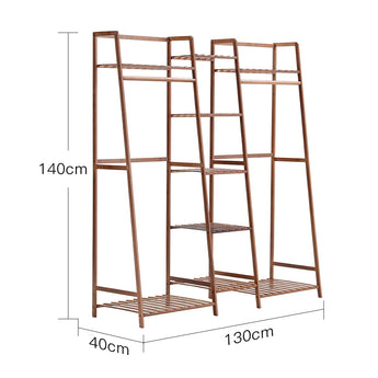 5-tier bamboo clothes rack with bottom shelf, brown frame and open storage tiers