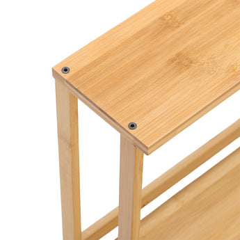 Light wood shelf corner with round hardware, two-tier spice rack