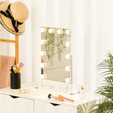 Rectangular makeup vanity mirror with LED bulbs and clear tabletop stand