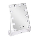 Rectangular vanity mirror with LED bulbs and touch control buttons on glass