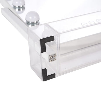 Acrylic base connector area on rectangular vanity mirror stand with LED lights