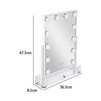 Rectangular LED vanity mirror dimensions shown: 47.5 cm tall, 36.5 cm wide