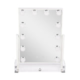 Rectangular makeup vanity mirror with LED bulbs and acrylic stand base