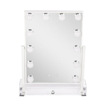 Rectangular makeup vanity mirror with LED bulbs and acrylic stand base