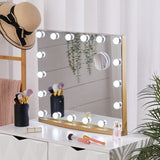 Rectangular Hollywood LED makeup mirror with gold frame and round light bulbs