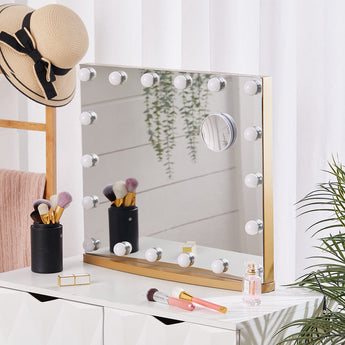 Hollywood LED makeup mirror with gold-edged rectangle and evenly spaced round bulbs