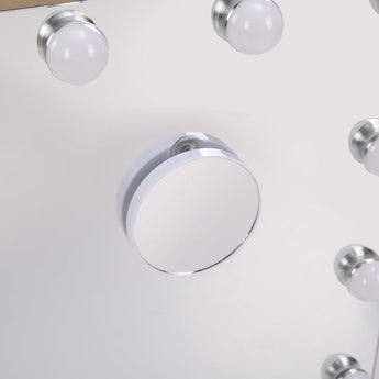 Close-up of round magnifier and surrounding LED bulb heads on the metal mirror