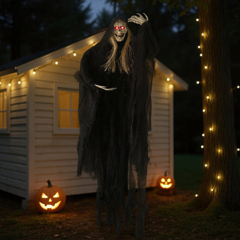 Hanging skeleton ghost yard decoration with red eyes and outstretched arms