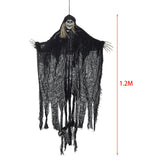 Hanging 1.2 m skeleton ghost decoration with black tattered drape and blond hair