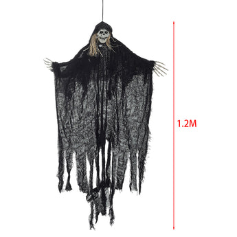 Hanging 1.2 m skeleton ghost decoration with black tattered drape and blond hair