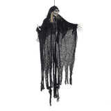 Hanging skeleton ghost decoration, skull face with red eyes and black tattered fabric veil