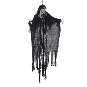 Hanging skeleton ghost decoration, skull face with red eyes and black tattered fabric veil