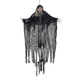 Hanging skeleton ghost decoration with glowing red eyes and sheer black fringe