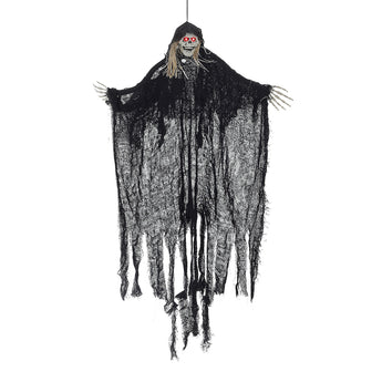Hanging skeleton ghost decoration with glowing red eyes and sheer black fringe
