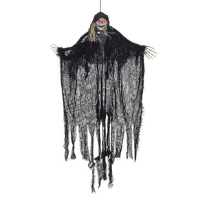 Hanging skeleton ghost decoration with glowing red eyes and sheer black fringe