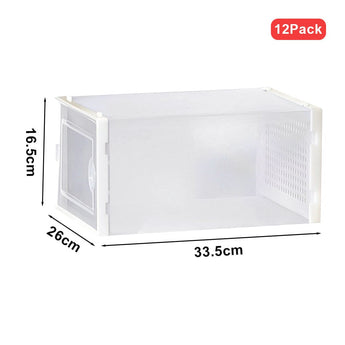 White plastic shoe organizer storage box dimensions: 33.5cm W x 26cm D x 16.5cm H