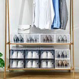 Stacked shoe rack storage organizer with clear-front compartments and circular pull handles