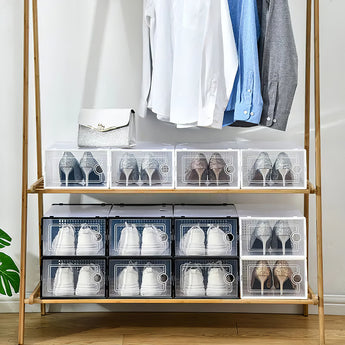 Stacked shoe rack storage organizer with clear-front compartments and circular pull handles