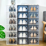 Shoe storage cabinet boxes with clear front doors and circular side pull handles, 12-pack