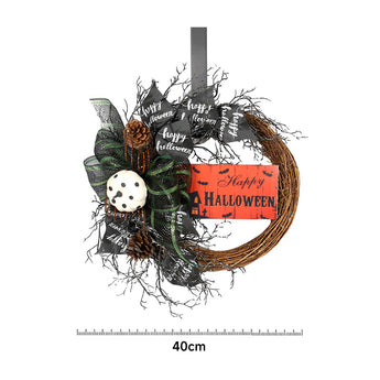 Halloween-Kranz mit Schleifen-Deko und Happy Halloween-Schild, mit Maßstab 40 cm