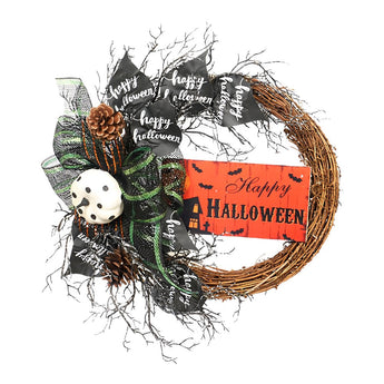 Halloween-Kranz mit schwarzer Schleife, grünem Karoband, Happy Halloween-Schild