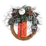 Halloween-Kranz mit orangefarbenem Happy Halloween-Kärtchen, Schleife & Totenkopf-Deko