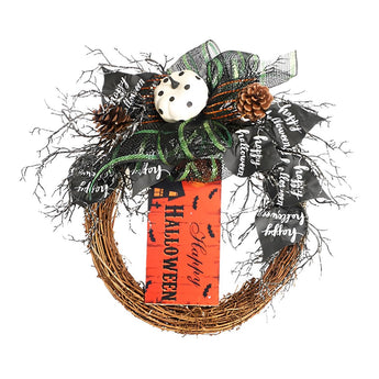 Halloween-Kranz mit orangefarbenem Happy Halloween-Kärtchen, Schleife & Totenkopf-Deko