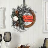 Halloween-Kranz mit grüner/schwarzer Schleife, braunem Rebenkranz und Happy Halloween-Schild