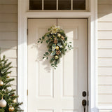 Pine swag LED garland with green pine leaves, gold ornaments, and warm LED lights