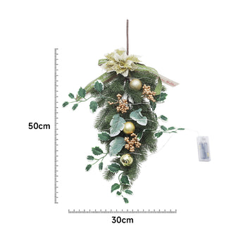 Hanging pine swag LED garland, 50cm x 30cm, gold ornaments with warm light LEDs