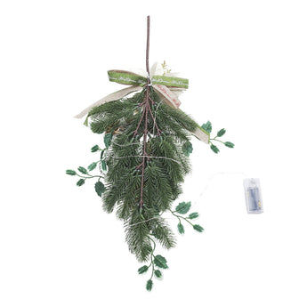 Hanging pine swag LED garland with bow ribbon, green needles, and hanging loop
