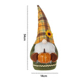 Handmade gnome decoration, 14cm tall, plaid hat with yellow flower and orange pumpkin