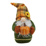 Handmade gnome decoration with tall plaid hat, white beard, and orange pumpkin belly