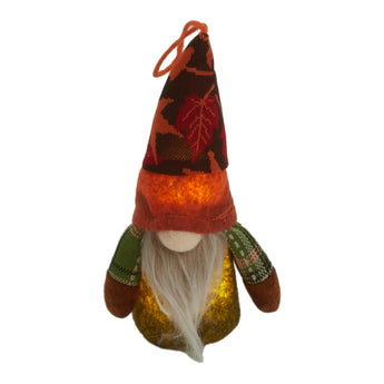 Herbst-Kobold-Plüschfigur von vorn: orange Hut, weißer Bart, grüne Ärmel