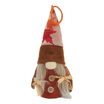Thanksgiving gnome plush doll, front view with red outfit and tan button details