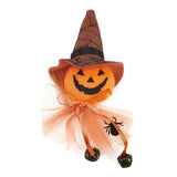 Jack-o’-lantern witch doll with net hat, orange bow and dangling bells