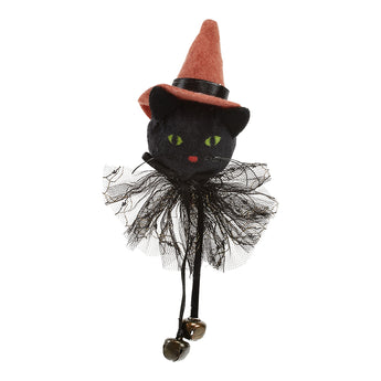 Black cat witch hanging doll with orange cone hat, black tulle veil and bells