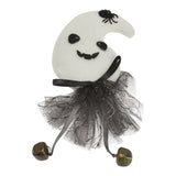 White ghost hanging doll with spider on head, black tulle skirt and dangling bells