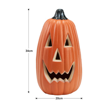 Flameless LED-Kürbislaterne, Maße 34 cm hoch und 20 cm breit, orange mit gelben Öffnungen