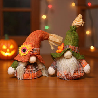 2 pack faceless gnomes with orange and green felt hats, plaid outfits, long white beards